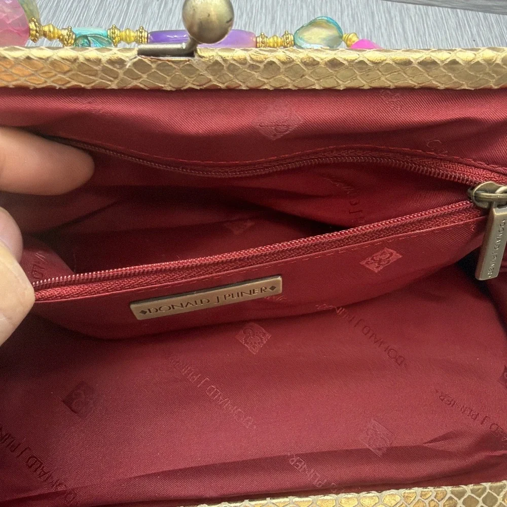 Donald J Pliner Gold‎ Metallic Clutch Bag Snakeskin Beaded Handle Evening